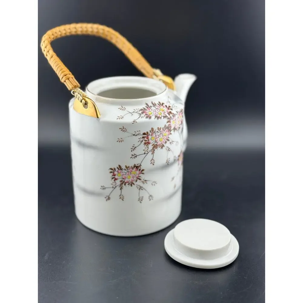 Japanese Cherry Blossom Teapot with Rattan Handle